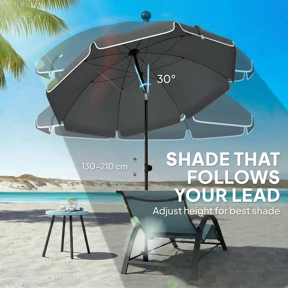 Okrągły Parasol Plażowy o 200 cm, UPF 30+ Parasol Ogrodowy z Regulowaną Wysokością i Pochyleniem o 30° w Torbą do Przenoszenia
