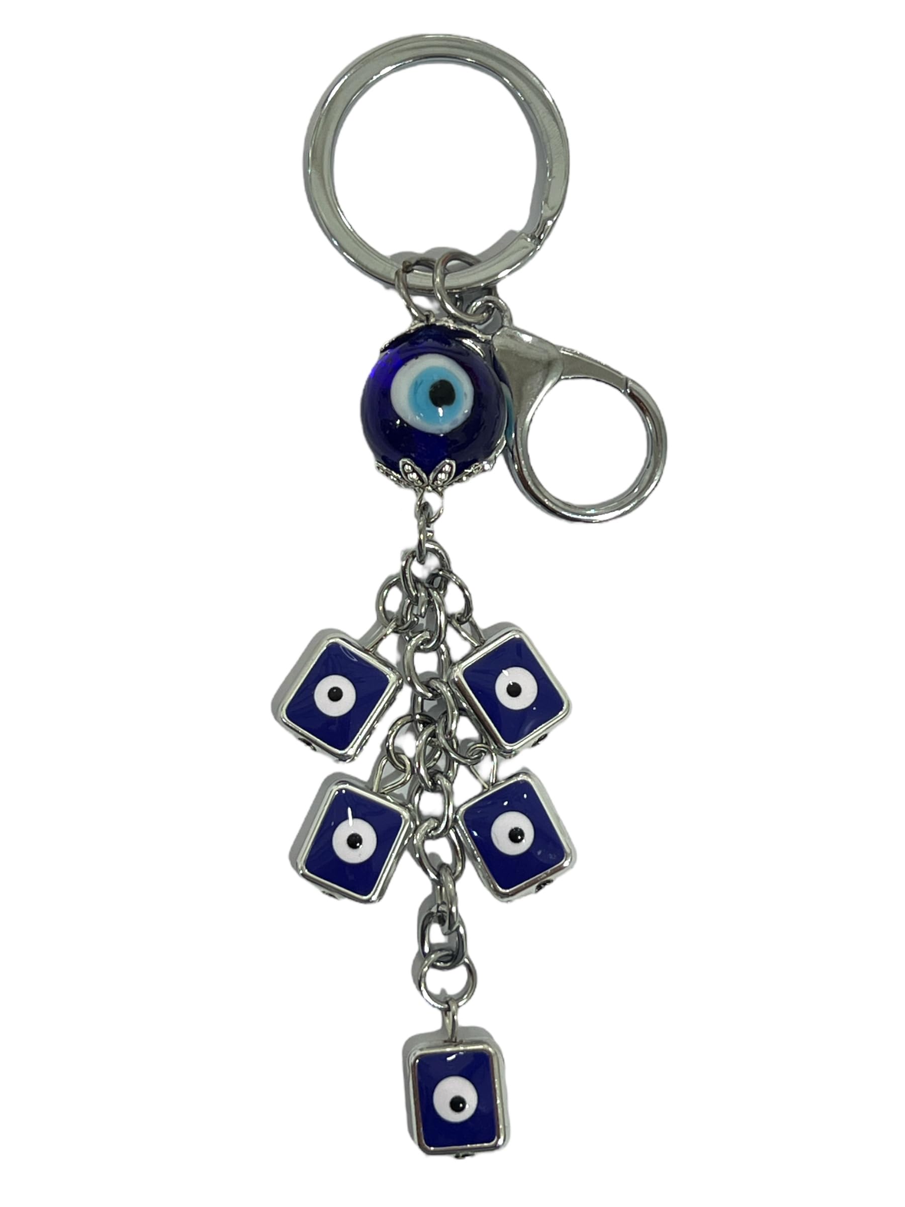 AUGEN Premium Blue Evil Eye Sqare Design Keychain Metal Vastu Good Luck Charm Protection With Key Ring Anti-Rust (Pack Of 1)