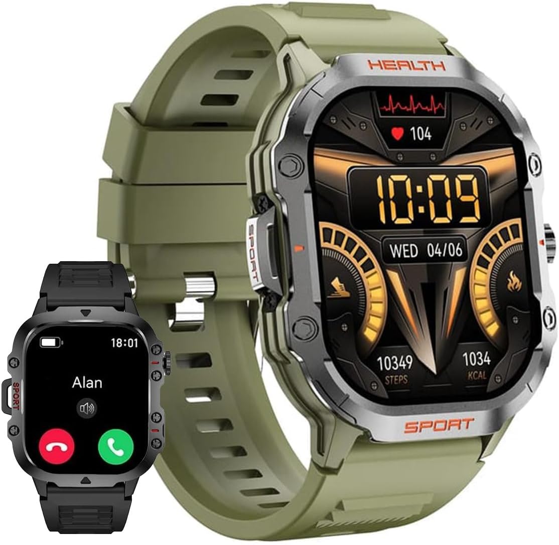 UAETECH Smart Watch, Bluetooth Calling, HD Touch Screen, Heart Rate Monitor, Fitness Tracker, 100+ Sports Modes, Wireless Charging, Compatible with iOS/Android (Olive Green)