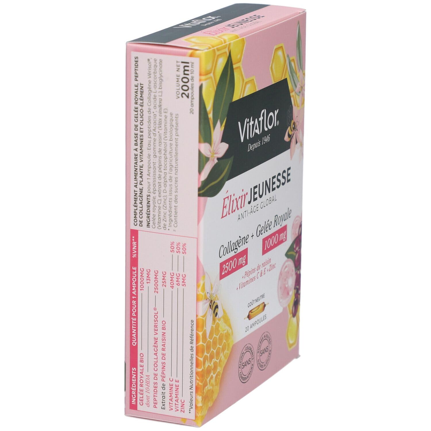 ÉLIXIR JEUNESSE Collagène 2500 mg & Gelée Royale 1000 mg | 20 Ampoules | Complexe Antioxydant Vitamines C, E & Zinc | Complément Alimentaire Anti-Âge | Fermeté & Élasticité de la Peau | VITAFLOR