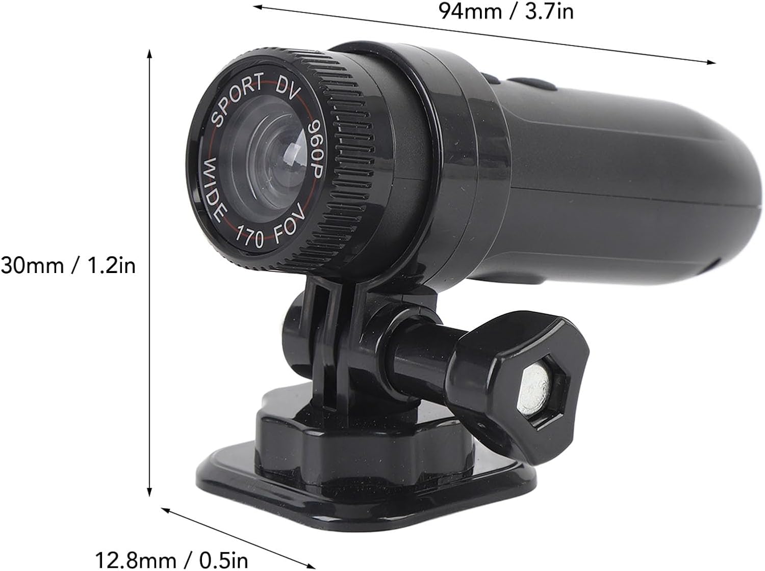 Dimensions of the ASHATA Sport DV Camera: 94mm length, 30mm width, 12.8mm height.