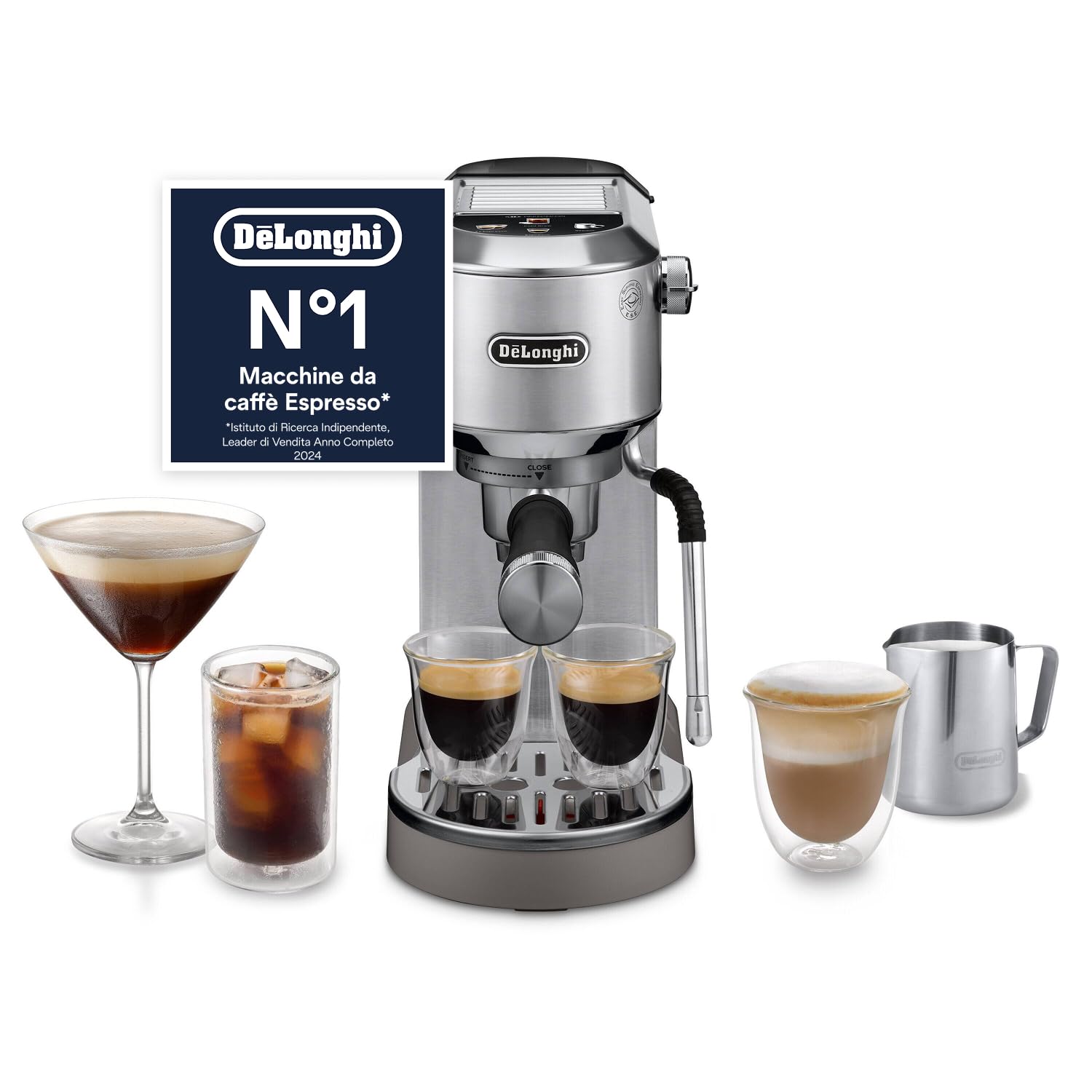 De'Longhi Dedica Duo EC890.M Macchina Manuale per Caffè Espresso, Cappuccino e Cold Brew, Barista, Dotata di Lancia vapore per My LatteArt, Display Touch,Larga 15cm, Serbatoio Estraibile 1,1L, Metallo