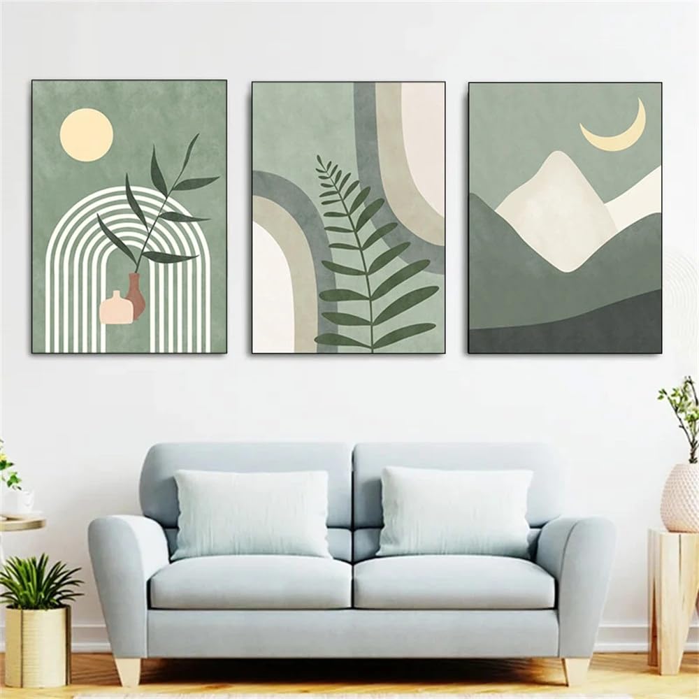WUHBCZ Wall Posters-Abstract Green Geometric Sun Moon Canvas Painting Boho Wall Art Poster Botanical Leaf Prints Nordic Wall Pictures Living Bedroom Decor-40 * 60cm/3PCS (No Frame)