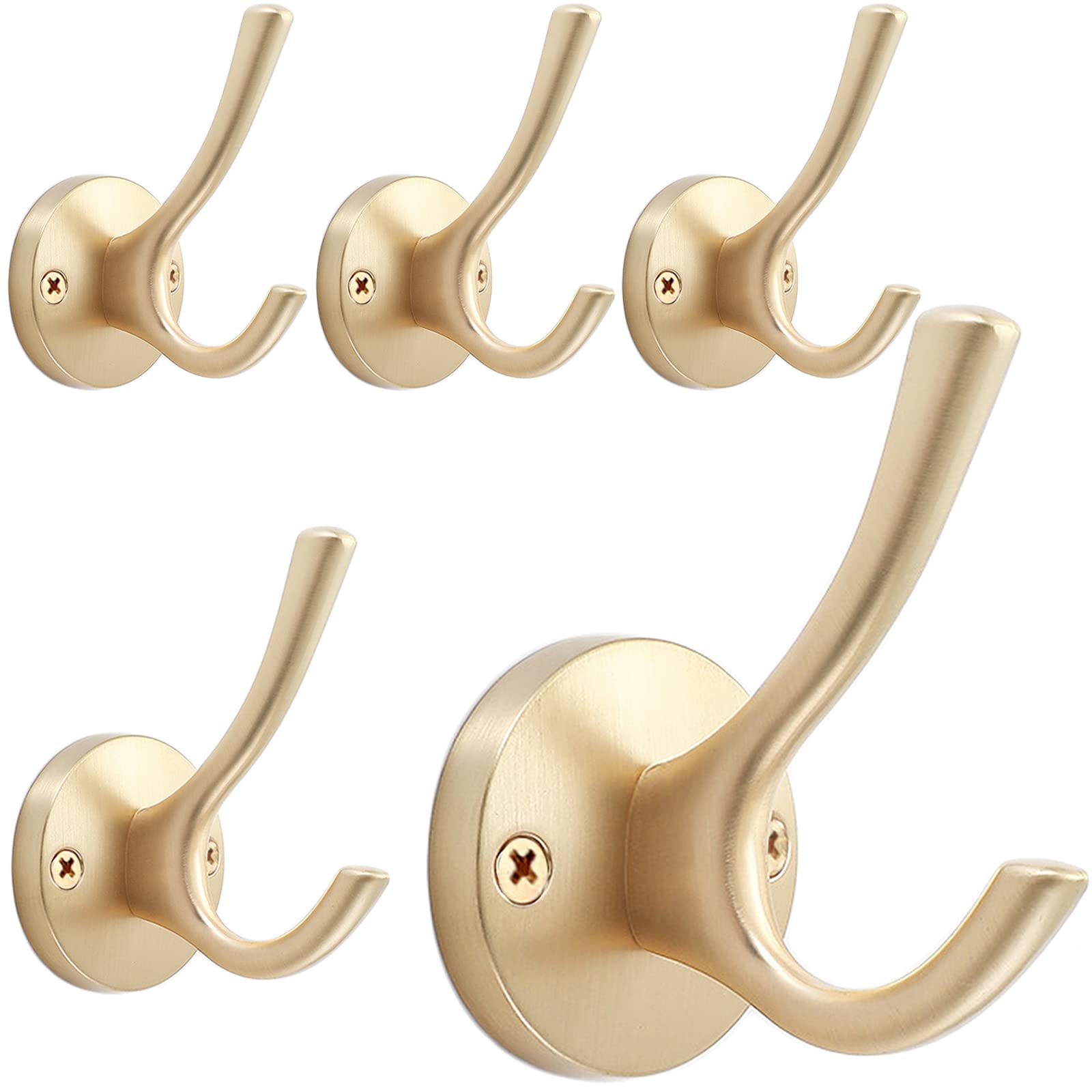 TOFIIGREM Gold Wall Hooks, 5 Pack Coat Robe Hook Heavy Duty Metal Double Bath Hook Wall Mounted, Hand Towel Hooks for Cubicle Bathroom Kitchen Closet Garage