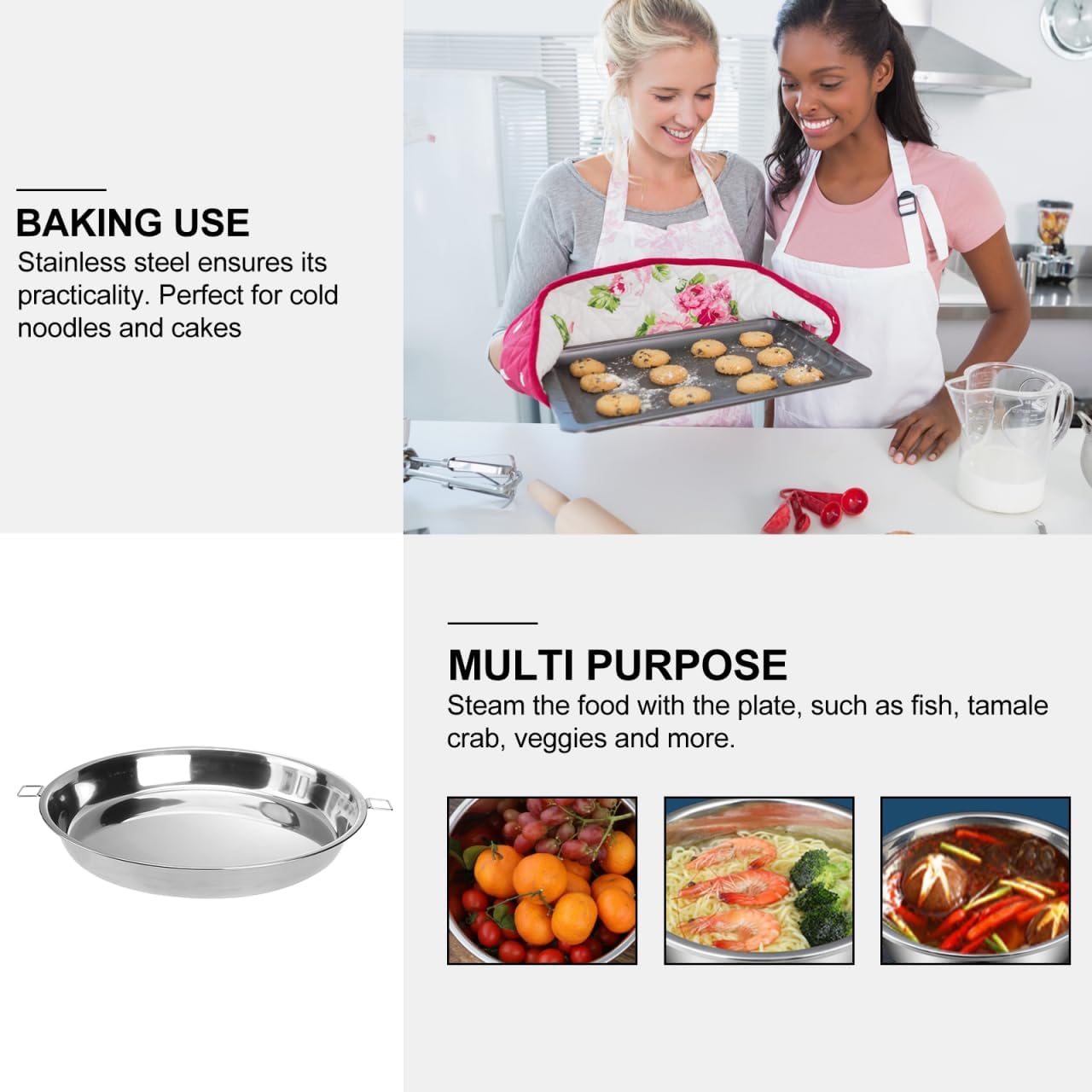 DOITOOL Stainless Steel Steaming Plate with Double Handles 12.59 inch Steaming Dish for Steamed Fish Tamales Crab Vegetables Microwave Steamer Home Cooking Plate