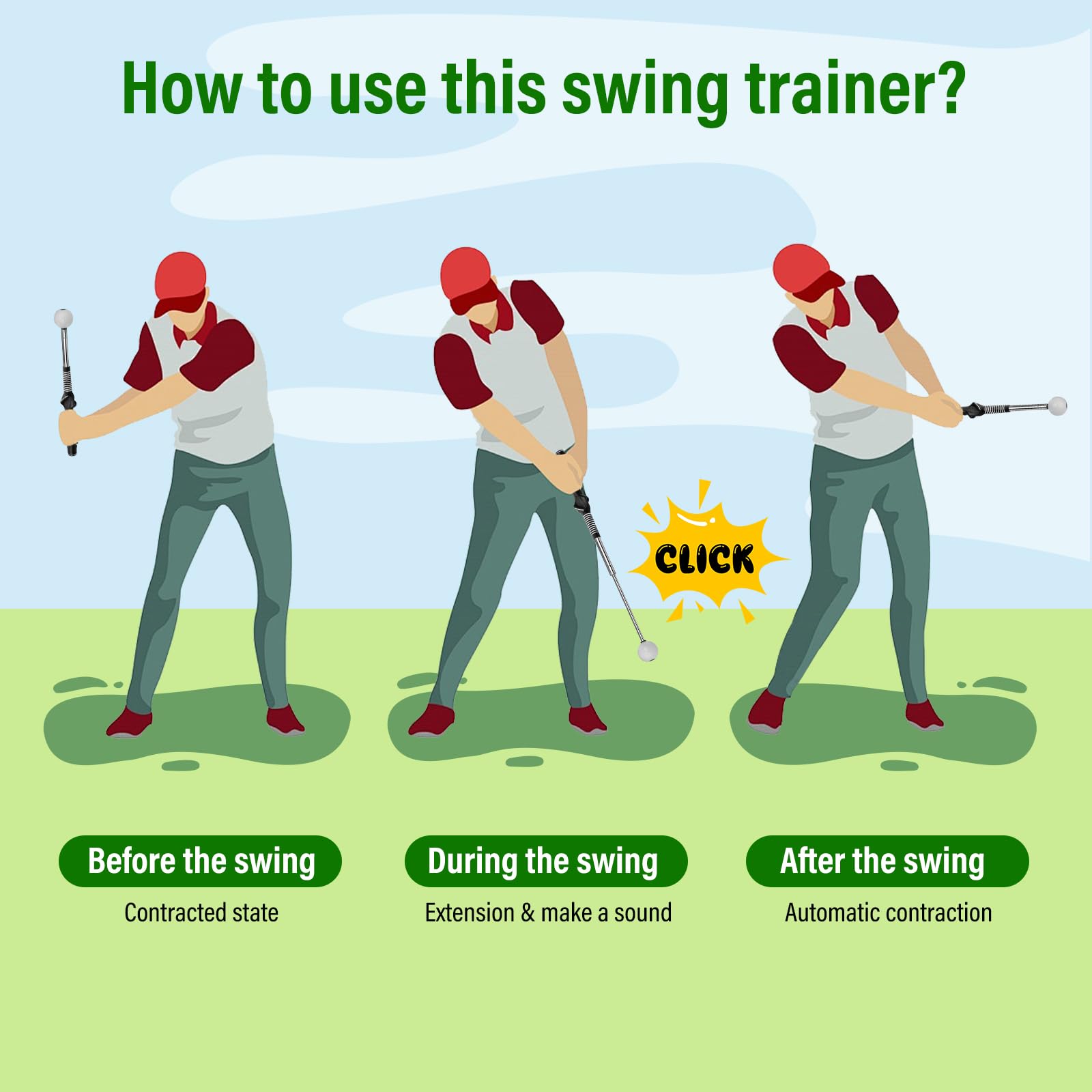 Golfschwung Trainer Set – Verstellbare & Einziehbare Golf Trainingshilfe mit klick-Feedback & Armband zur Haltungskorrektur – Für Männer, Frauen & Kinder, Indoor/Outdoor, Tempo & Chippen