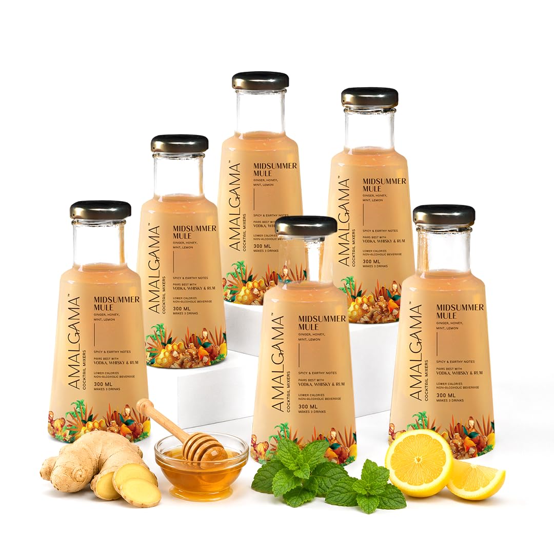 AMALGAMA Midsummer Mule Mixer | Spicy & Earthy Juice-Based Beverage | Ginger & Mint Inspired Cocktail Mixer for Vodka, Whisky & Rum | 300 ml Glass Bottle | Pack of 6-image-8