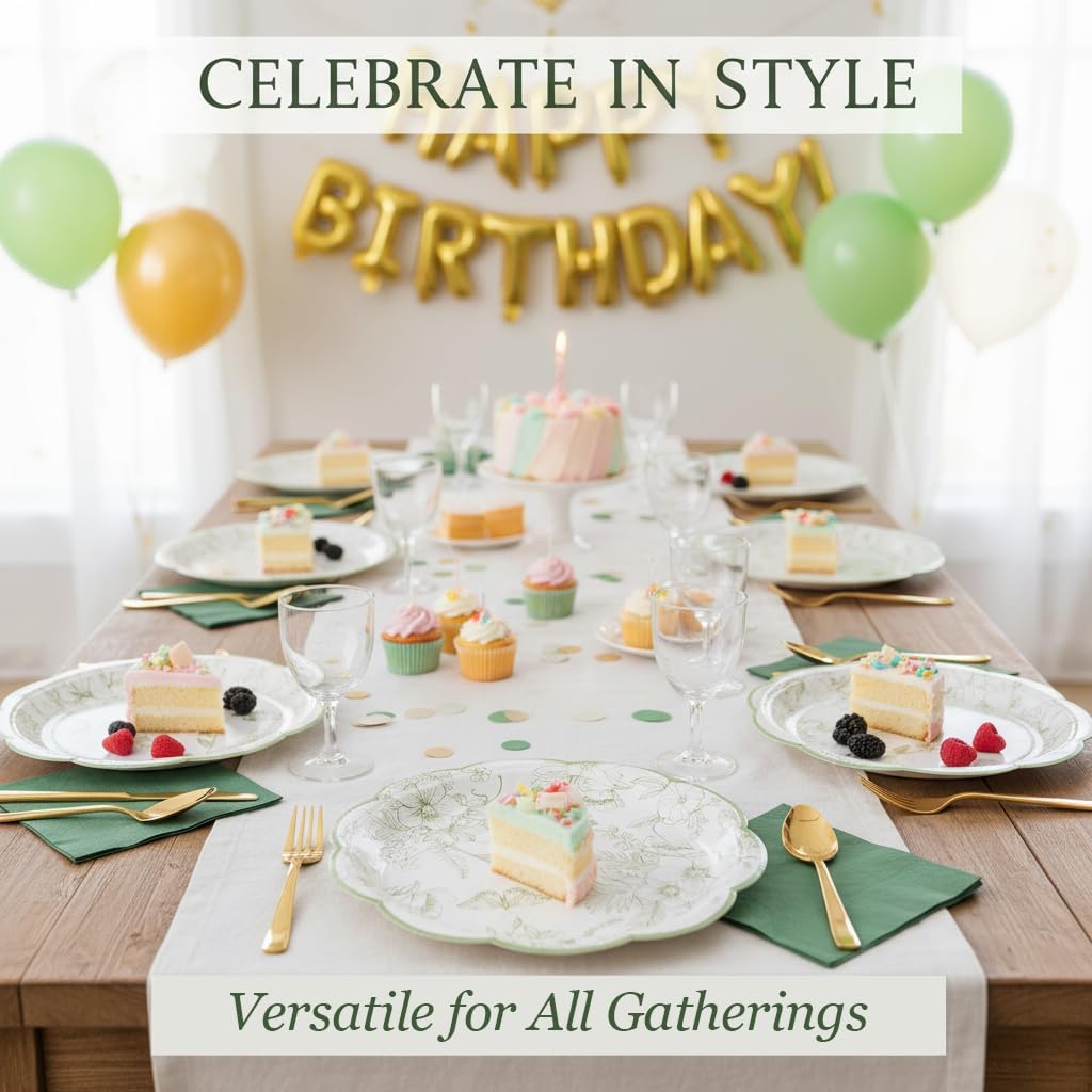 Nihaoya 100 Pc Sage Green Floral Party Plates Disposable – Vintage Wildflower Sage Toile Paper Plates Bulk | 50 Dinner & 50 Dessert for Birthday & Bridal Tea Party (50 Guests)