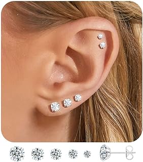 ZHESHY 5 Paar Silber Gold Ohrstecker Damen 14K Gold Hypoallergen Ohrringe Stecker mit Zirkonia Medizinische Klein Stapelbar Wasserfest Ohrringe Set Mehrere Piercings für Frauen Mädchen 3MM-7MM