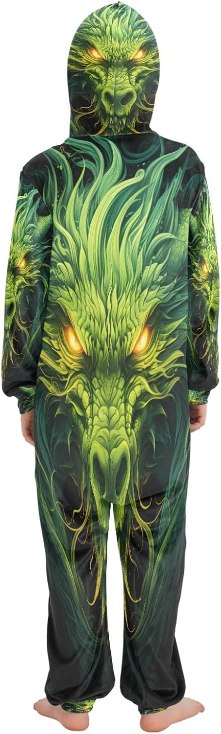 Green Dragons Onesie Pajamas Zip Up One Piece Sleepwear Hooded Jumpsuits