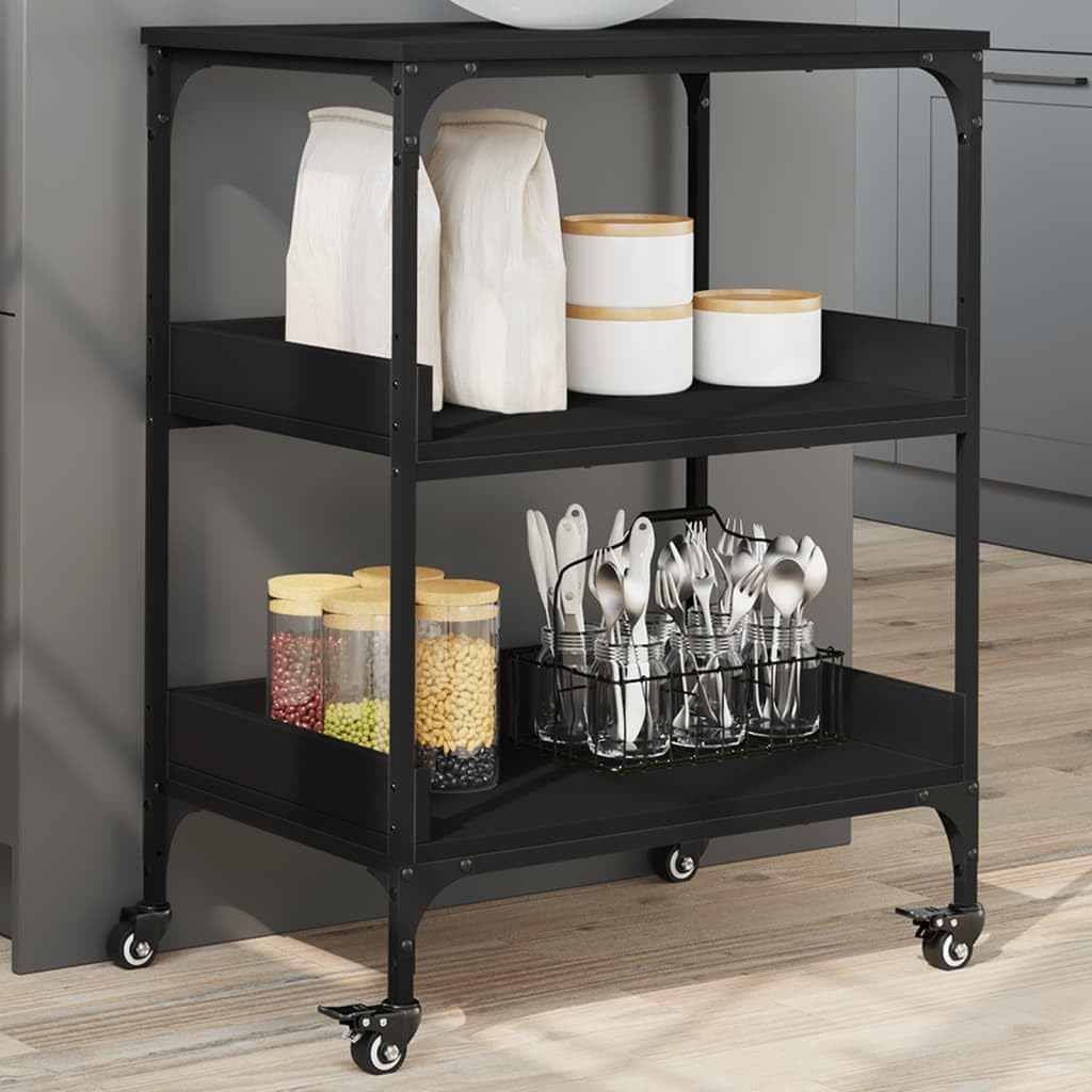 Kitchen Trolley Black Engineered Wood 23.6"x16.1"x31.7" Rolling Kitchen Cart with Wheels Durable Kitchen Storage Cart Mobile Cart for Food and Utility Use
