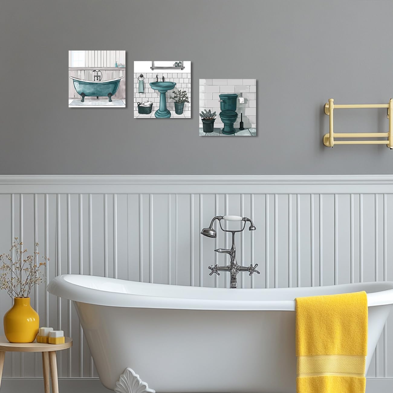 ZQQART Set di 3 stampe su tela per bagno, decorazione da parete per bagno, set di 3 cornici artistiche da parete (verde acqua, 30,5 x 30,5 x 30,5 x 3)