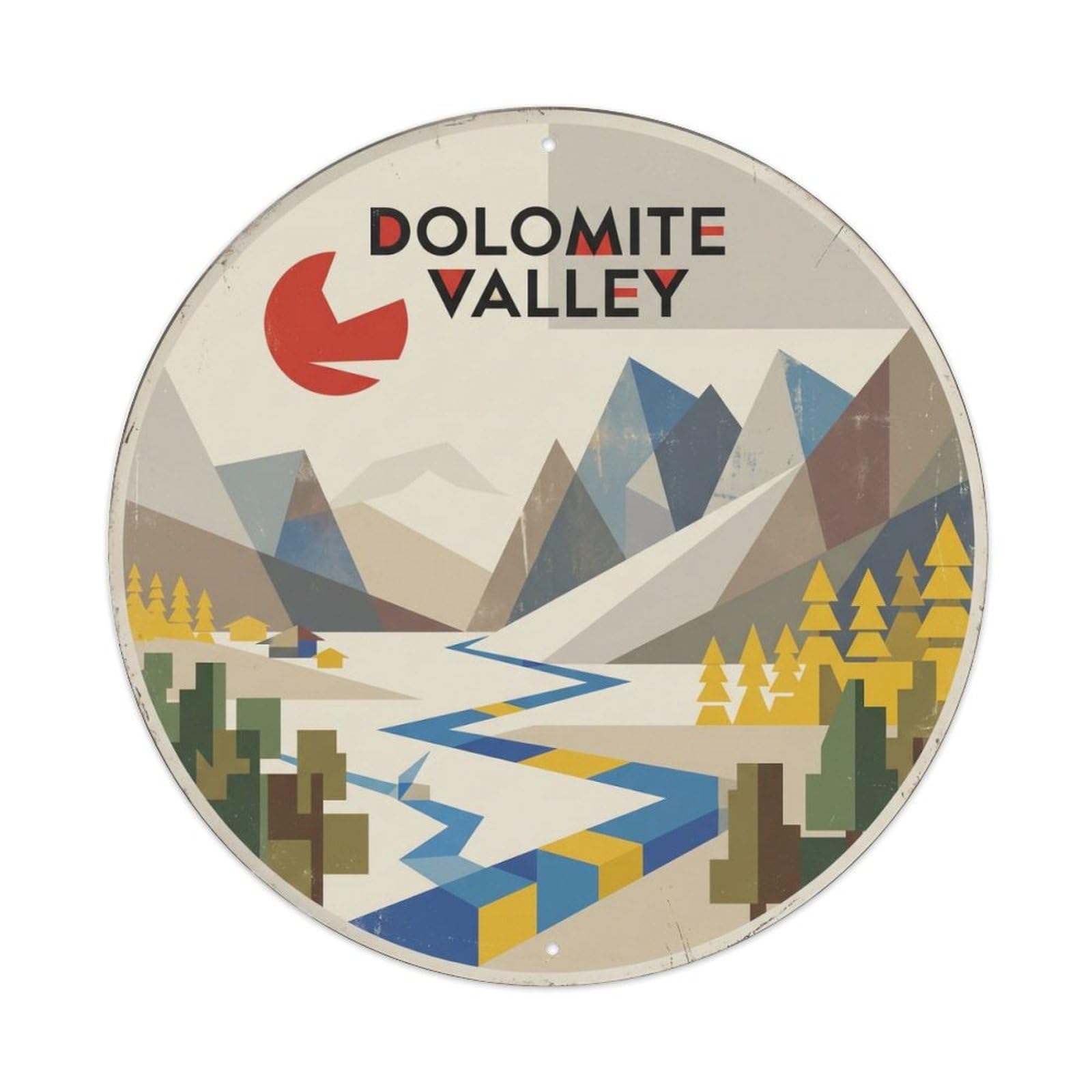 Vintage Travel Dolomites Mountain Valley Metal Tin Sign Plaque Wall Decor for Cafe, Club, Garden Round Metal Poster 8x8Inch
