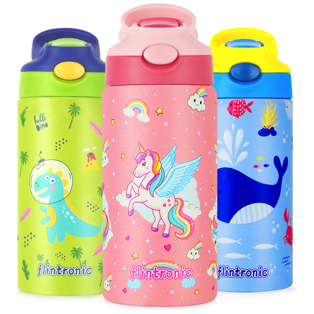 flintronic 350ml/12oz Kids Water Bottle Stainless Steel with Straw, Vacuum Insulated Water Bottles, BPA Free