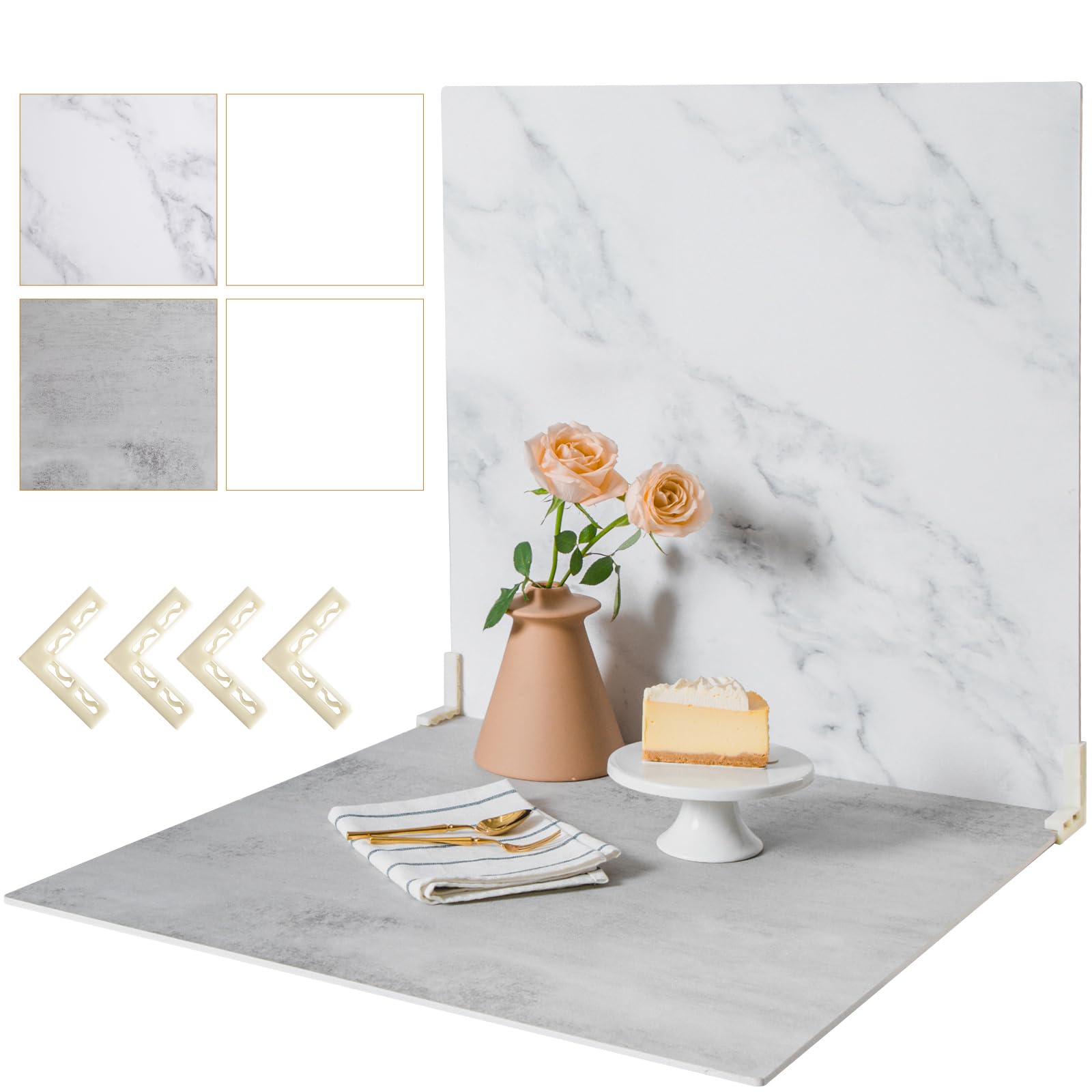 2 Pack Backdrop Boards for Photo | 24 x 24 Inches | Replica Surface | Food Photography Background | Marble & Cement | 4 Brackets