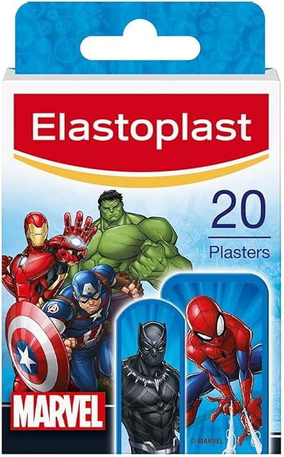 Elastoplast Marvel Plasters, Assorted Sizes (20 Pieces), Coloured First Aid Plasters for Children, Kid's Plasters with Marvel Superhero Designs, Various Sized Plasters