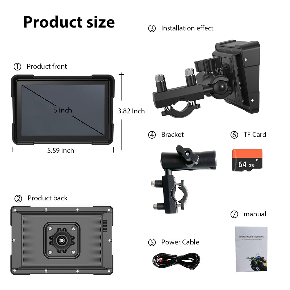 sunweyer Navigazione GPS portatile per moto, con tecnologia CarPlay e Android, 5 pollici, Bluetooth 5G e scheda TF da 64 GB, touch screen IPS impermeabile