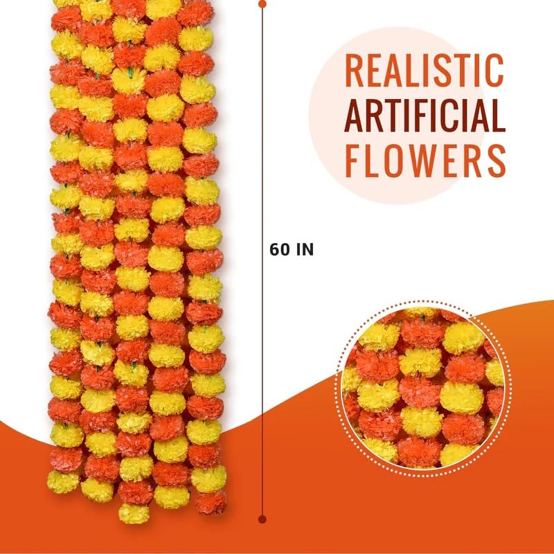 Image of Artificial Marigold Flower Garlands, (Pack of 20) 50 Inches Marigold Strings for Diwali, Pooja, Wedding, Festival, Housewarming, Mandir, Wall, Door, Home Decor - Yellow & Dark Orange