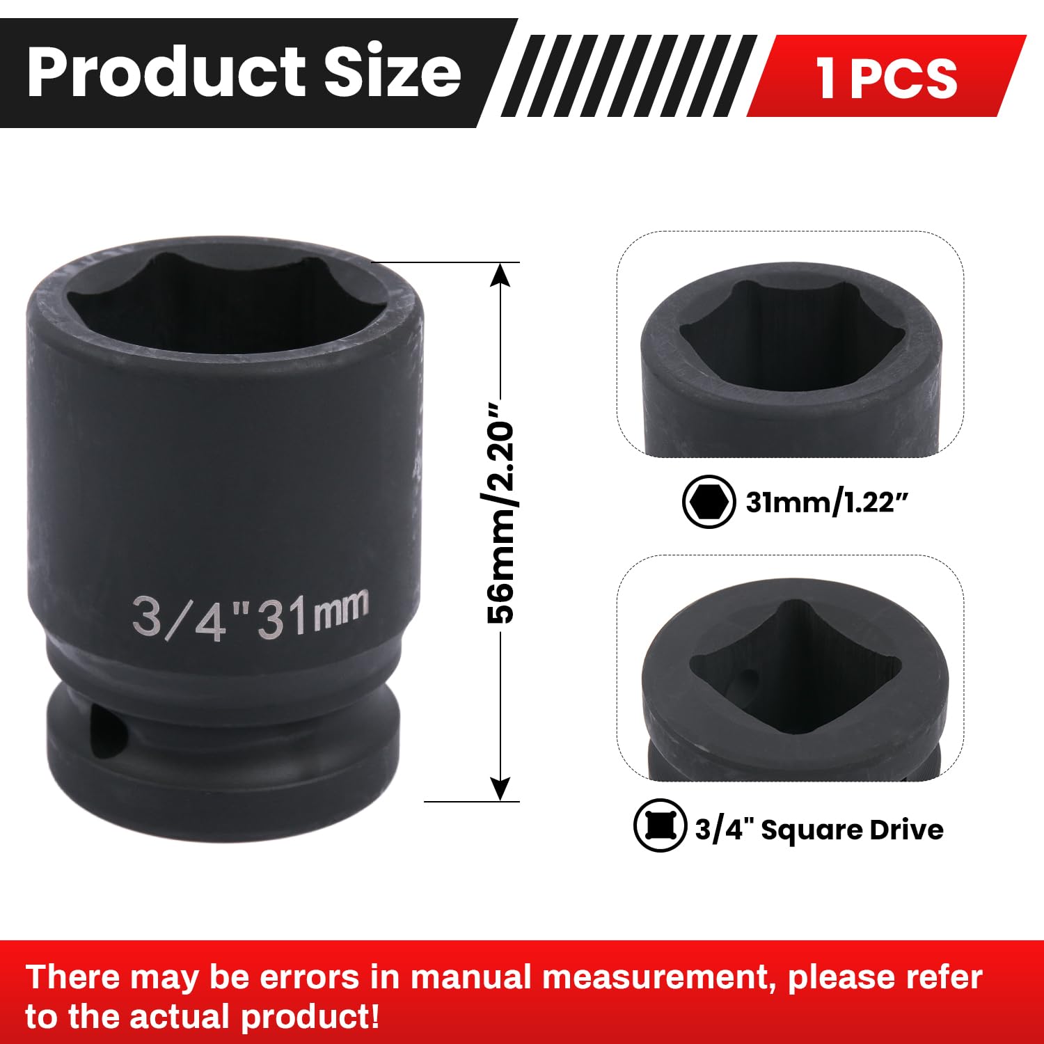 Deep 6-Point Impact Socket 3/4" Drive 31mm,Chrome Molybdenum Steel, Anti-Rust Metric Hex Socket for Car Repairs and Impact Wrench - Image 2