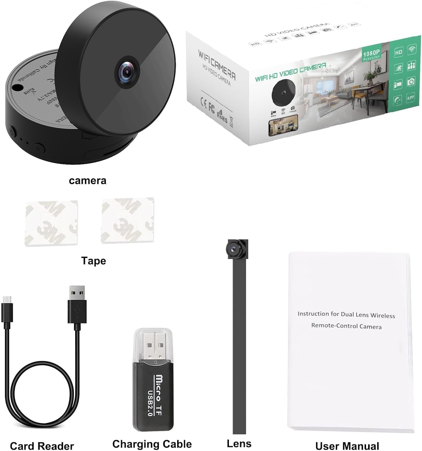 WiFi Mini Camera 1080P Wireless 150° Wide-Angle Security Camera with 2 Lenses 90°Hinge Motion Detector Night Vision for Home Surveillance Indoor and Outdoor