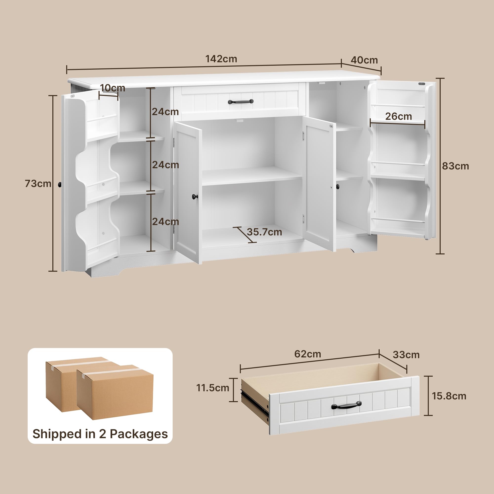 Xbro Sideboard, Küchenschrank mit Arbeitsplatte, Buffetschrank mit Schublade, 4 Türen und integrierten Türablagen, großer Stauraum, Wohnzimmerschrank für Küche und Esszimmer, Weiß