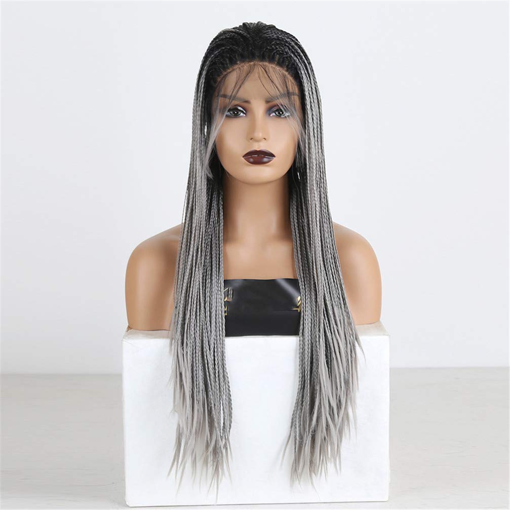 Perruque synthétique longue 24 pouces lacet tressé ombre gris pour femme
