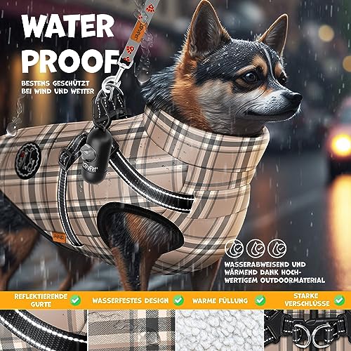 LOVPET® Hundejacke Hundemantel mit Geschirr, inkl. 45 Stück Kotbeutel + Spender, Hunde Winterweste gefüttert wasserdicht, Gepolsterte Weste Mit Brustgurt, Reflektoren, D-Ring XL, Beige