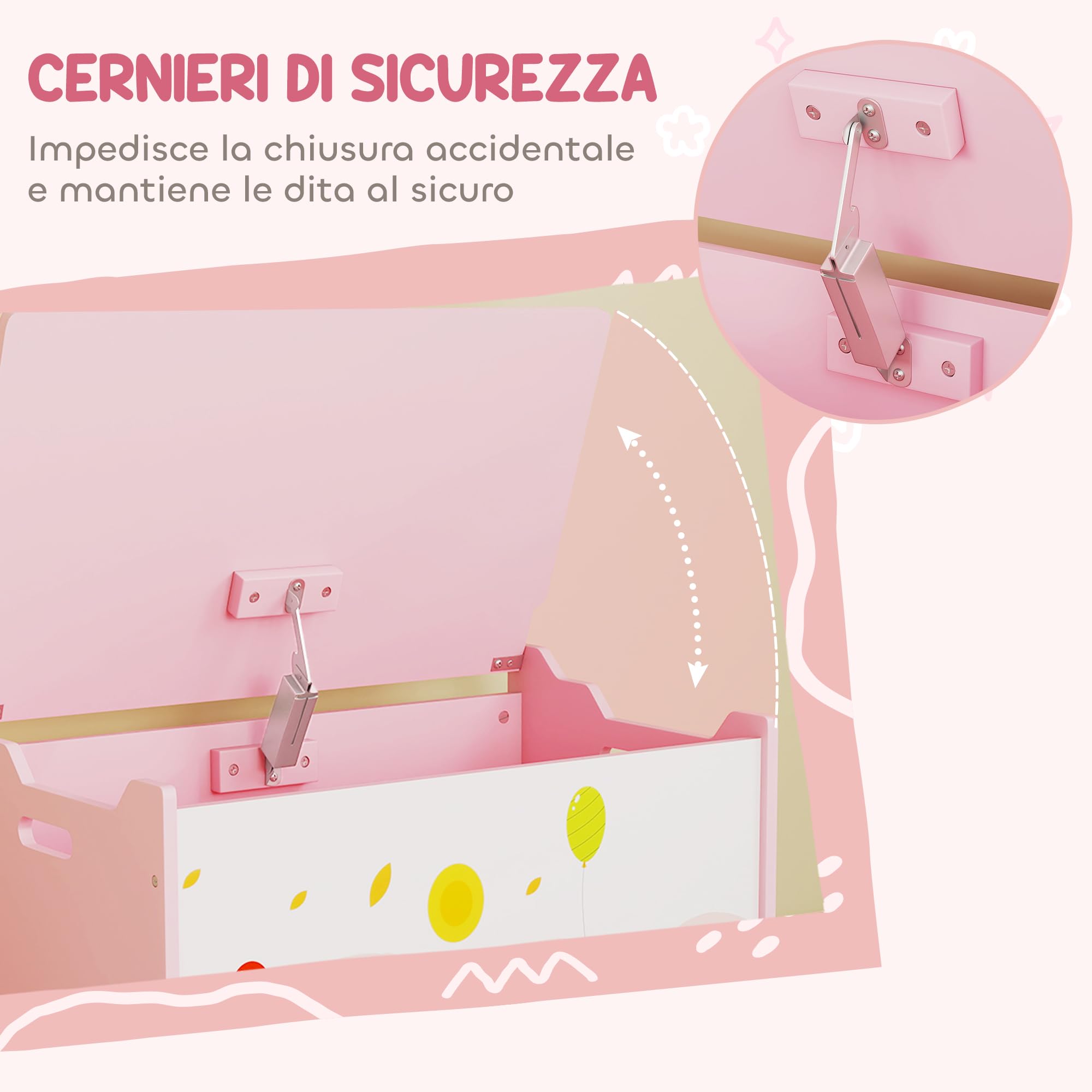 AIYAPLAY Baule Portagiochi per Bambini, Contenitore per Giocattoli in Legno con Cerniere di Sicurezza, Mobile per Cameretta e Salotto con Disegni di Animali, 60x37x39 cm, Rosa