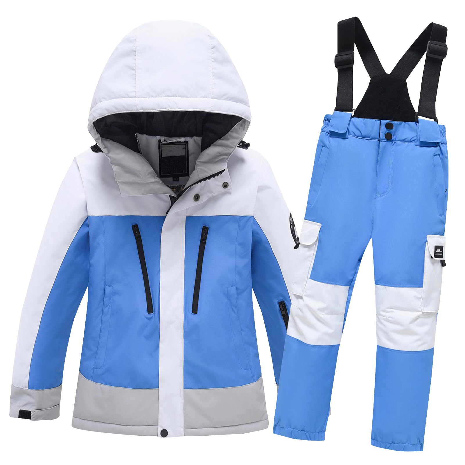 Traje de esquí infantil de 2 piezas, chaqueta de esquí con capucha y pantalones de esquí, transpirable, cálido, acolchado, traje de nieve para niños y niñas, azul real + pantalones azules de