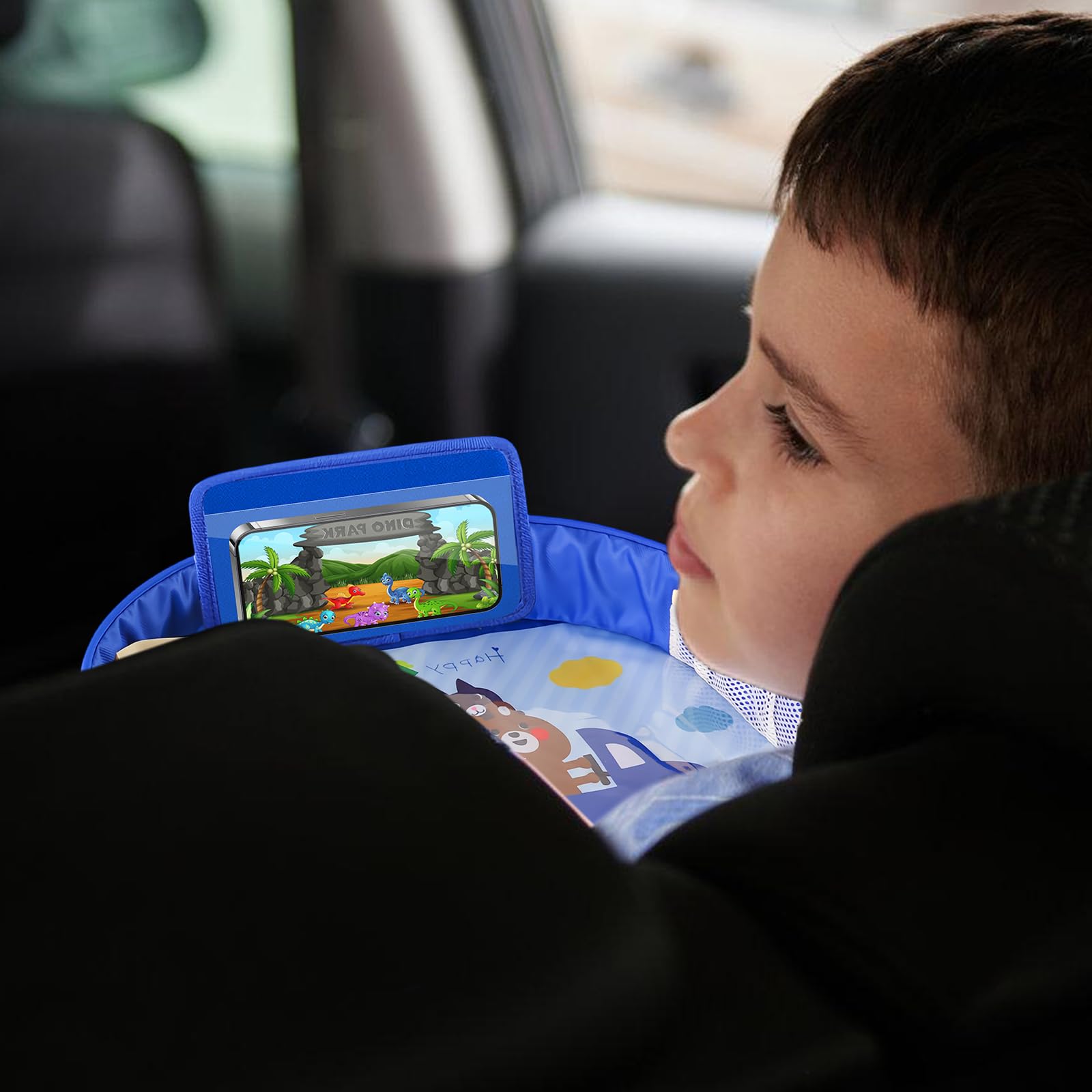 Table de voyage pour voiture pour enfants : Table de voyage pour siège auto, jeu pour enfants, tablette pour genoux pour enfants avec organisateurs, table double fonction pour enfants pour