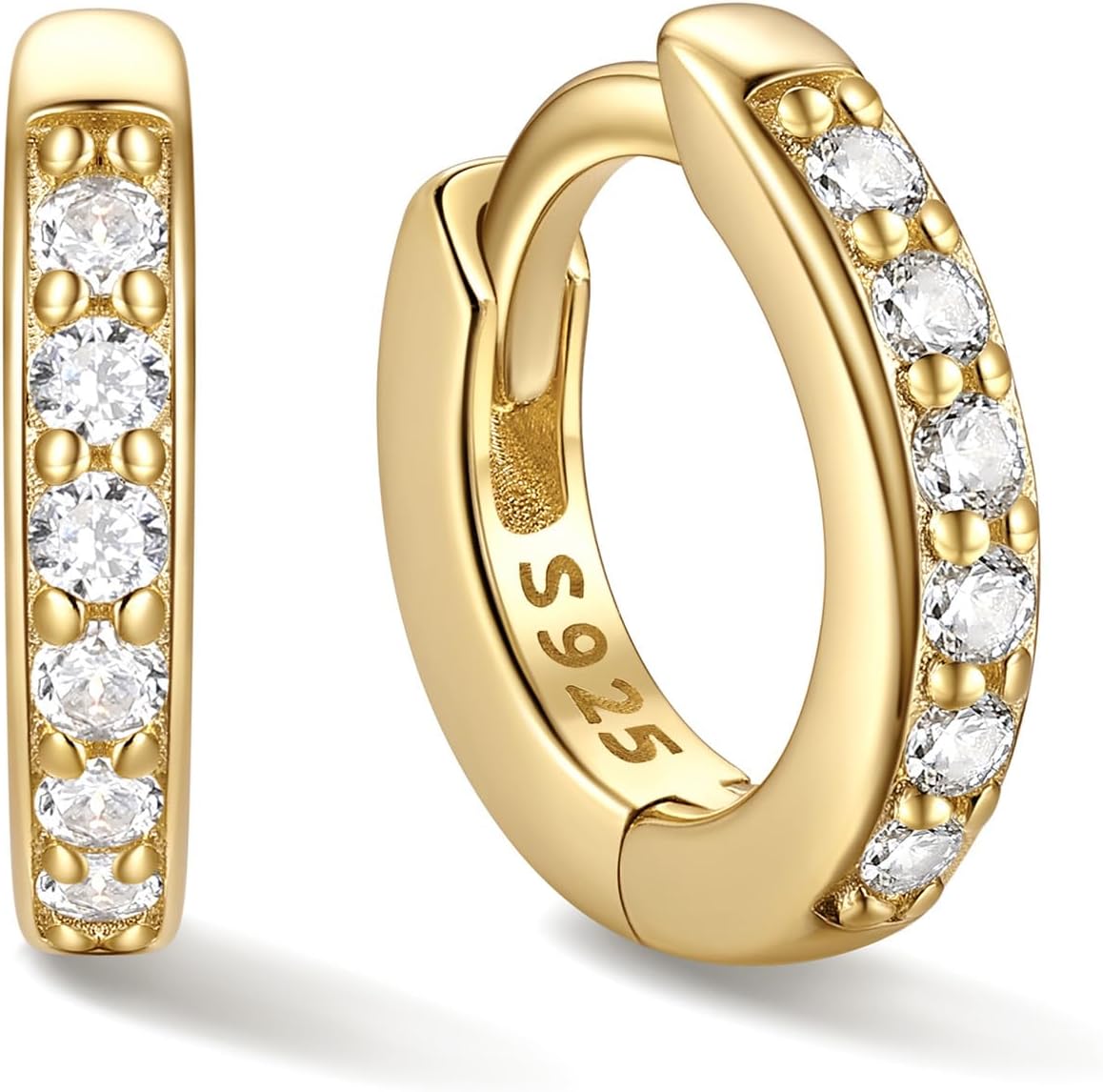 ChicSilver 925 Sterling Silver Huggie Earrings for Women 14K Gold Plated Silver Hoop Earrings for Women Hypoallergenic Small Cubic Zirconia Huggie Earring (6/8/10/12/14/16/18/20mm)