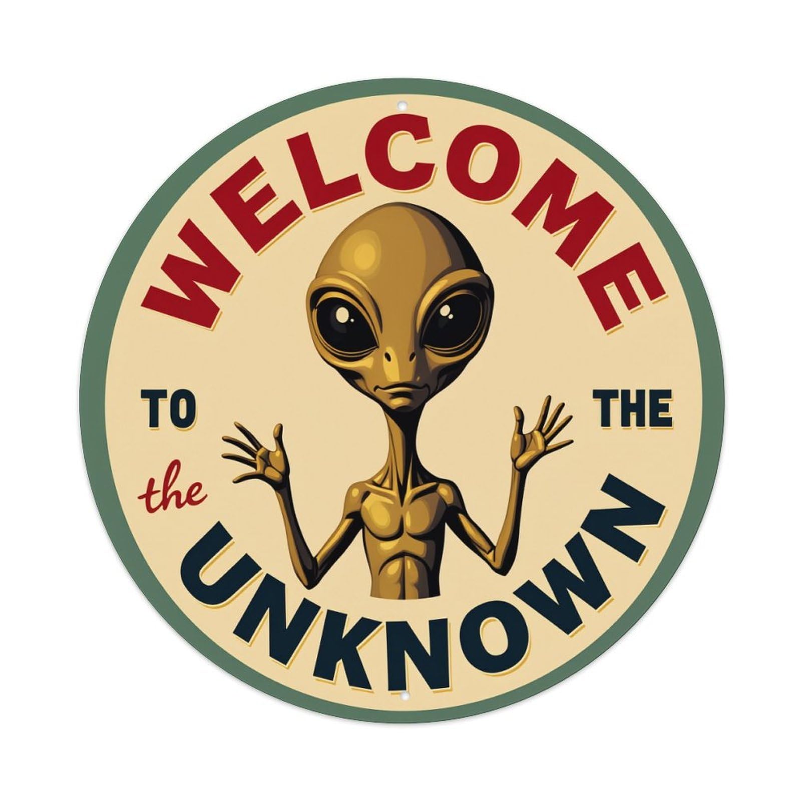 Alien Welcome Sign Pattern Print Round Tin Sign Vintage Metal Poster, Home Bar Garage Man Cave Cafe Indoor & Outdoor Wall Decoration 8x8Inches