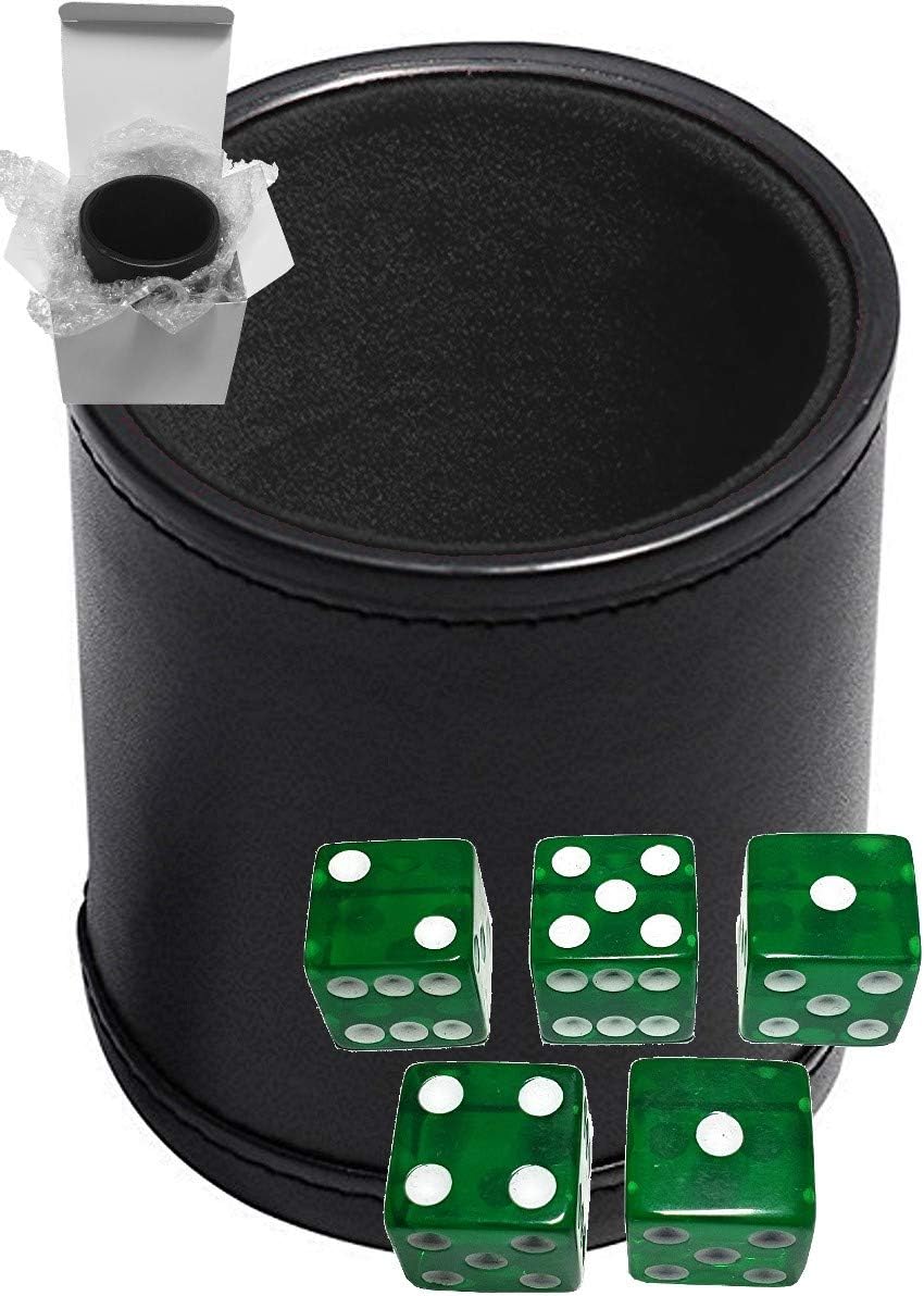 Cyber-Deals Set of 16mm Transparent Squared Corners Dice and Black PU Leather Dice Cup Plush Velvet Lined - Gift Boxed (Green, Black Lining Cup)