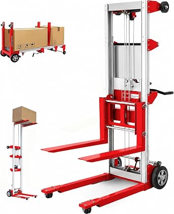 122" Material Lift Winch Stacker, 400 lbs Capacity Manual Material Lifts, Fixed Straddle Material Lifter, Hand Winch Lift Trucks for Warehouse, Factory, Lightweight, 34.60" L x 24.80" W, Red