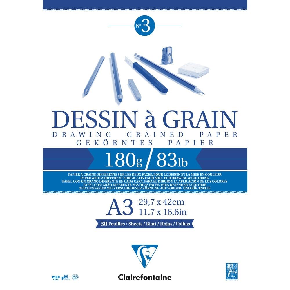 Clairefontaine - Ref 96622C - White Grained Drawing Paper Glued Pad (30 Sheets) - A3 Sized, 180gsm Paper, White & Grained Drawing Paper, Acid Free, pH Neutral