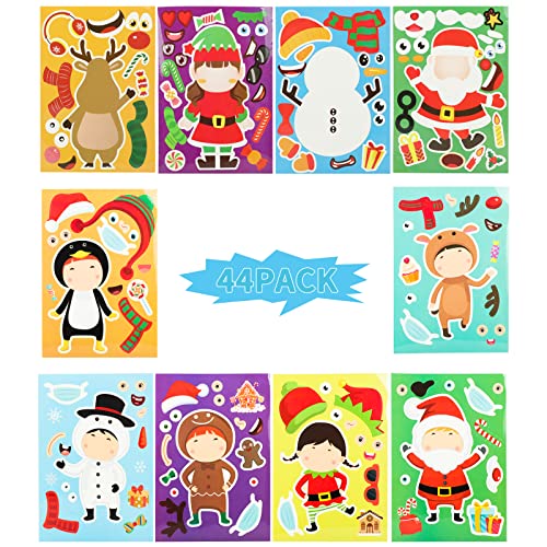 WOVTE 44 Sheets Christmas Stickers Party Favors Make a Christmas Face Stciker Santa Clause Reindeer Snowman Gingerbread Penguin Self Adhesive Craft DIY Stickers Treat Sticker