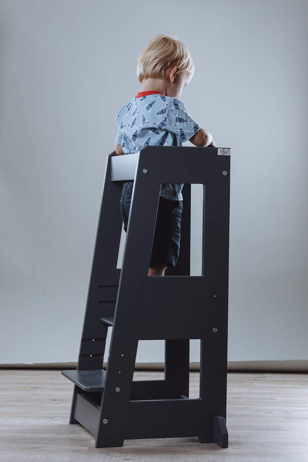 tiSsi® Lernturm Felix – Montessori Lernturm für Kinder, mitwachsend & höhenverstellbar, Entdeckerturm aus Buche, grau
