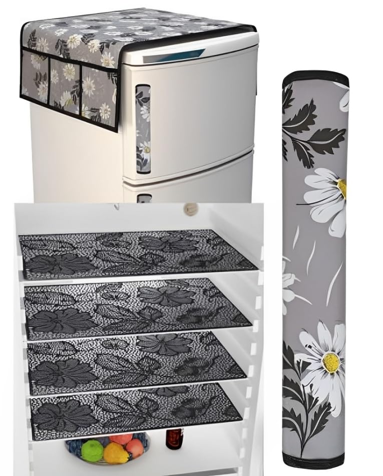 Image of STOREUP fridge top cover combo pack | refrigerators double door or single door top cover | dustproof,waterproof fridges set | 7 pieces set 1 top cover (6 pockets) 4pvc trays mats & 2 handl