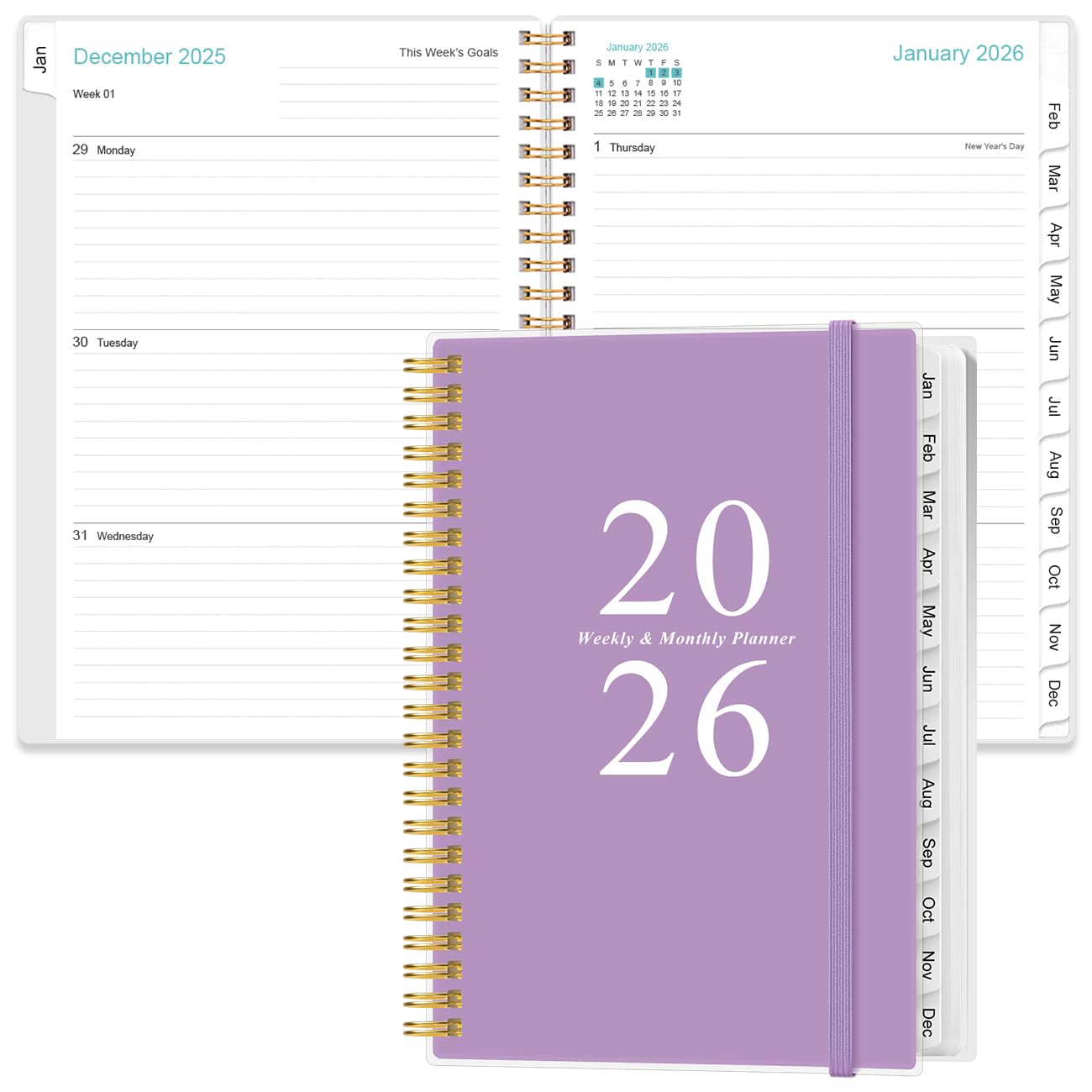2026 Planner - A5 Weekly & Monthly Planners Spiral Bound, January 2026 - December 2026, 2026 Planner with Flexible Cover, Tabs, Inner Pocket, 6.4" x 8.5", Purple