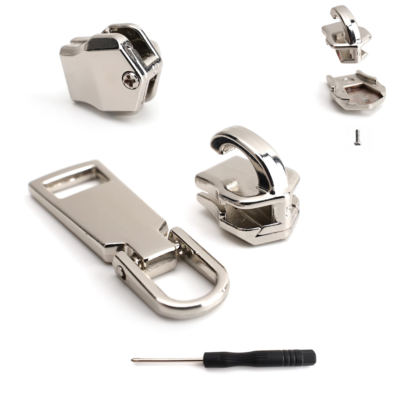AKTIOIN Metal Zipper Repair Kit for Jackets, Luggage, Bags, Backpack, No Sewing Required Detachable Zip Heads Zipper Pull Replacement (Silver, #5)