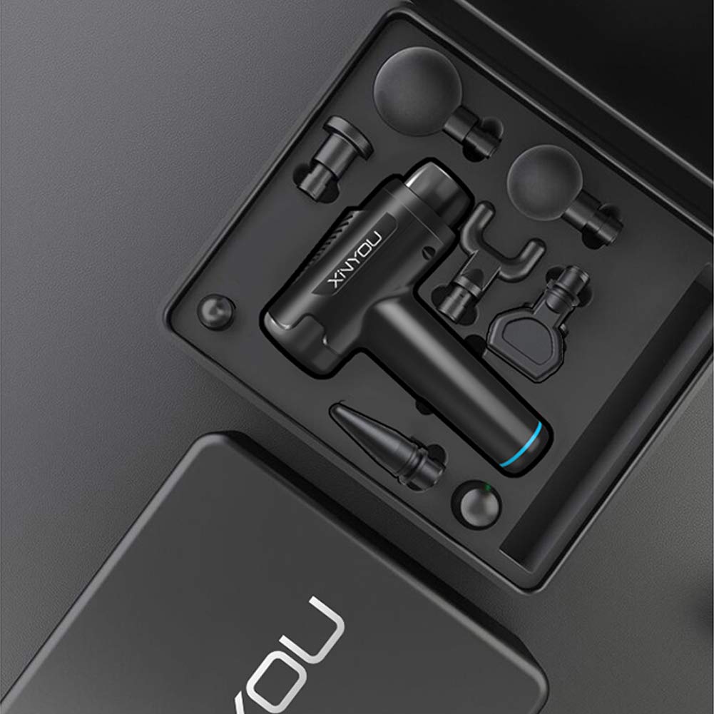 Pistola per Massaggi, Massaggiatore Muscolare per Tessuti Profondi Palmare, 45DB 2550mAh Pistola A Fascia Regolabile A 30 velocità con 6 Teste di Massaggio, Riduzione Intelligente del Rumore