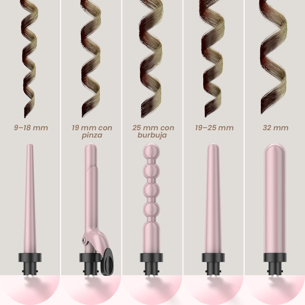 ELEHOT-Store Rizado Pelo con 5 Accesorios Intercambiables, Ondulador de pelo de 60s Calentamiento Express, Recubrimiento Cerámica-Turmalina, 2 Temperaturas Ajustables, Incluye Guantes Térmicos