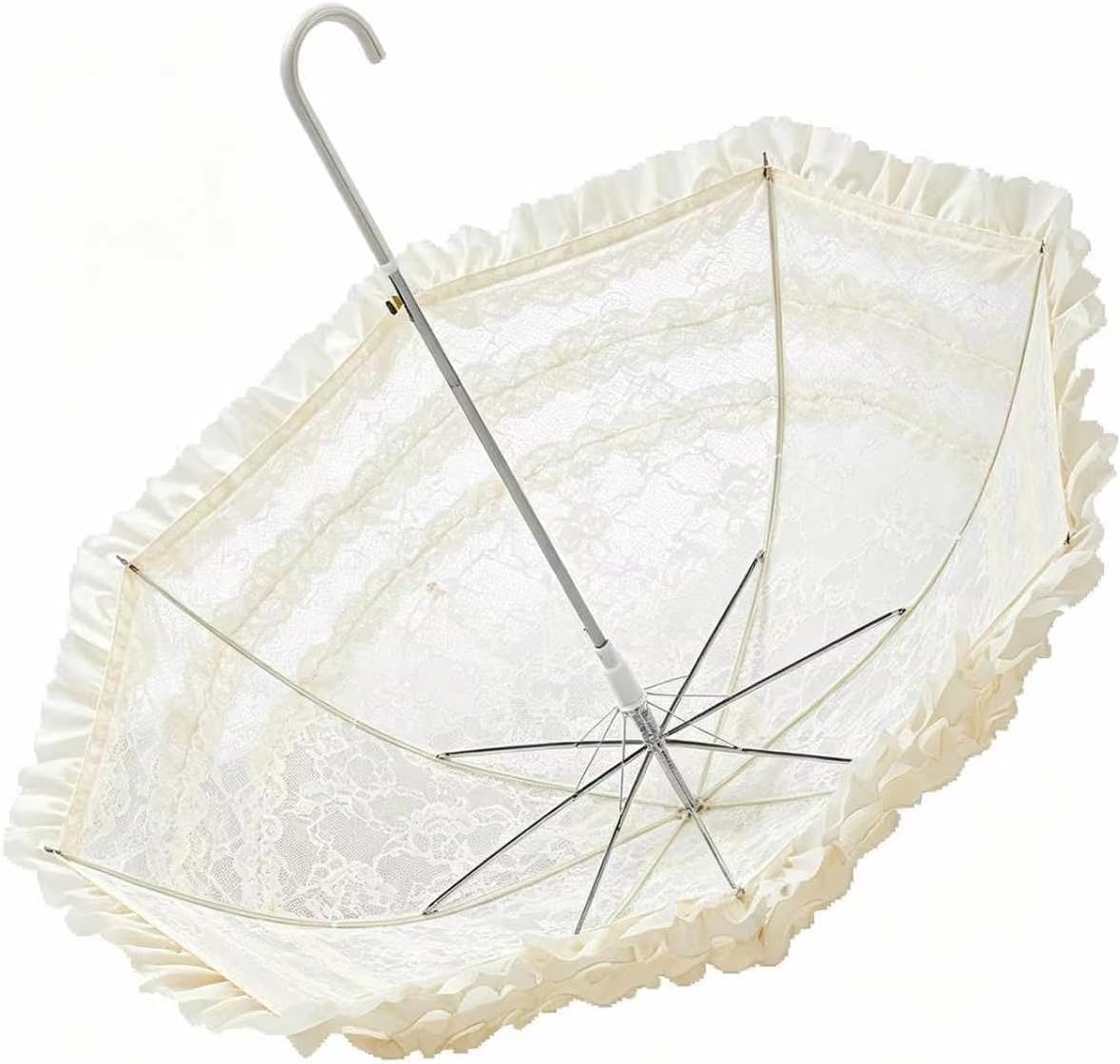 Cream White Lolita Lace Umbrella Vintage Princess Parasol Sun & Rain Protection Windproof Foldable Umbrella for Women Girls Wedding Party Cosplay