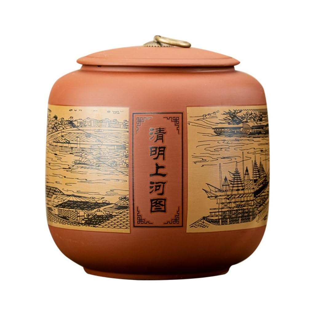 BASXDRFXZ Airtight Tea Container Household Ceramic Tea Cans Large Purple Sand Sealed Retro Pu'er Storage Cake(A)