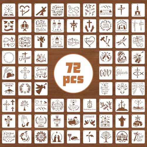 72 PCS 3x3 Inch Religion Christian Stencils for Painting - Religious Jesus Christ Cross Angels God Reusable Painting Templates on Wood, Glass, Fabric, Window Door Decor DIY Decoration