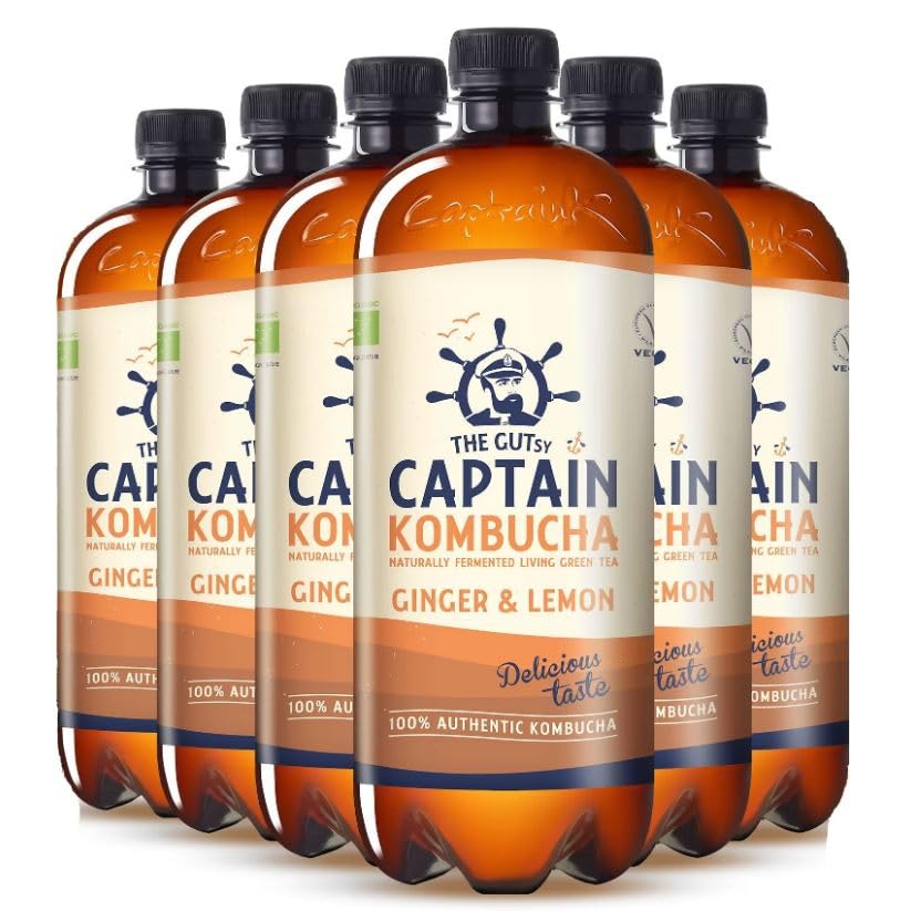 Captain Kombucha – Bebida Probiótica Naturalmente Fermentada, Sin Aditivos ni Conservantes, Sin Colorantes ni Sabores Artificiales, Sin Pasteurizar, Vegan - 6 x 1000ml (Ginger Lemon)