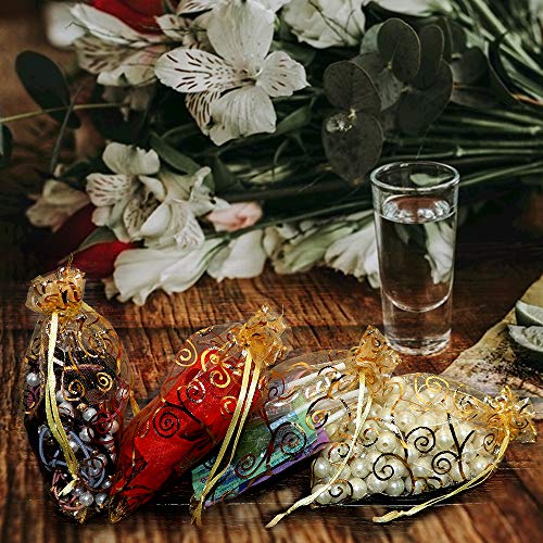 Image of Staruby Organza Gift Bags 100Pcs Gold Sheer Organza Bag 4x6 Inch Mesh Favor Bags Drawstring Jewelry Rattan Printed Gift Pouches for Wedding Party Favors Couple Shower Christmas Gifts Candy Bags