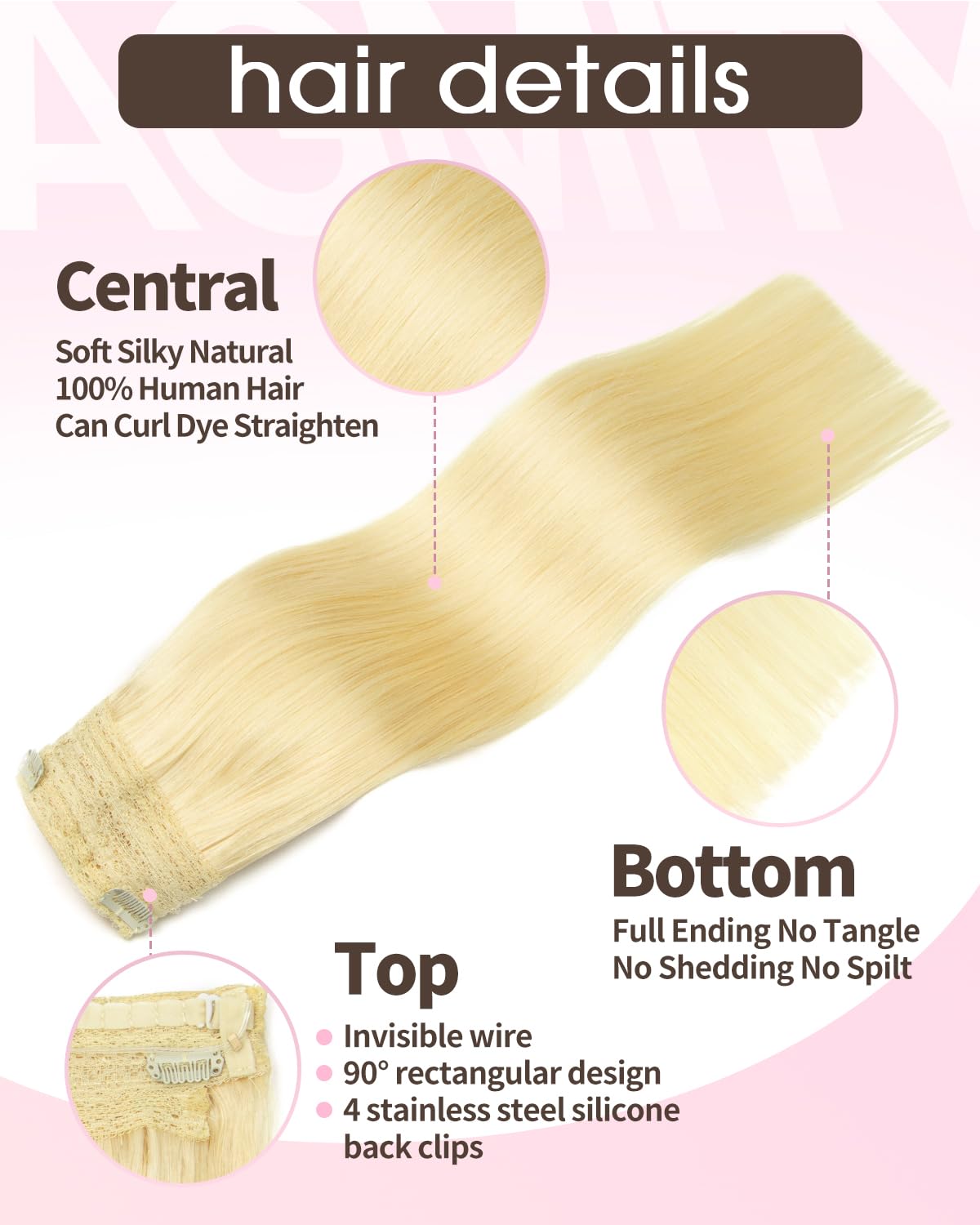 AGMITY Wire Hair Extensions Human Hair 16 Inch Bleach Blonde Hidden Removable Layered Natural Hairpiece Thick Straight with Transparent Fish Line(16 Inch #613 Bleach Blonde) - Image 3