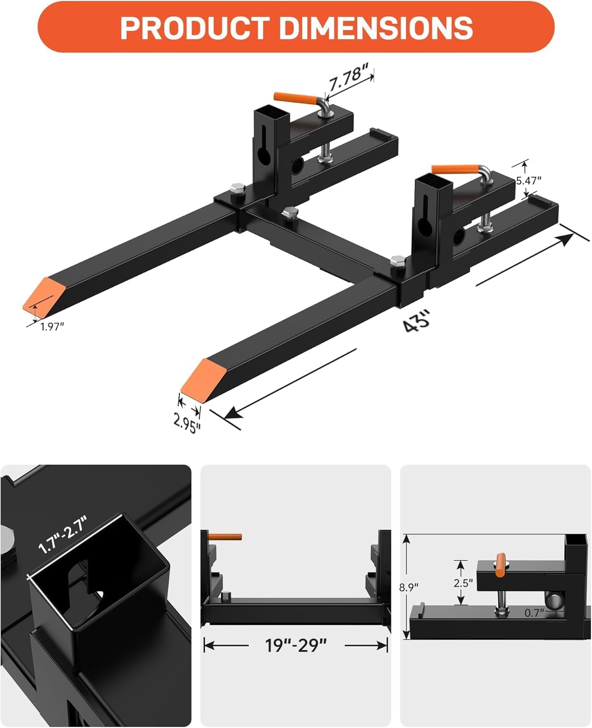 Garvee Verstellbare Schwerlast Palettengabeln zum Anklemmen – 43 Zoll, 2000 lbs Tragkraft, mit Stabilisationsstange, geeignet für Traktor, Lader & Skid Steer – Passend für Landtechnik-Hersteller,