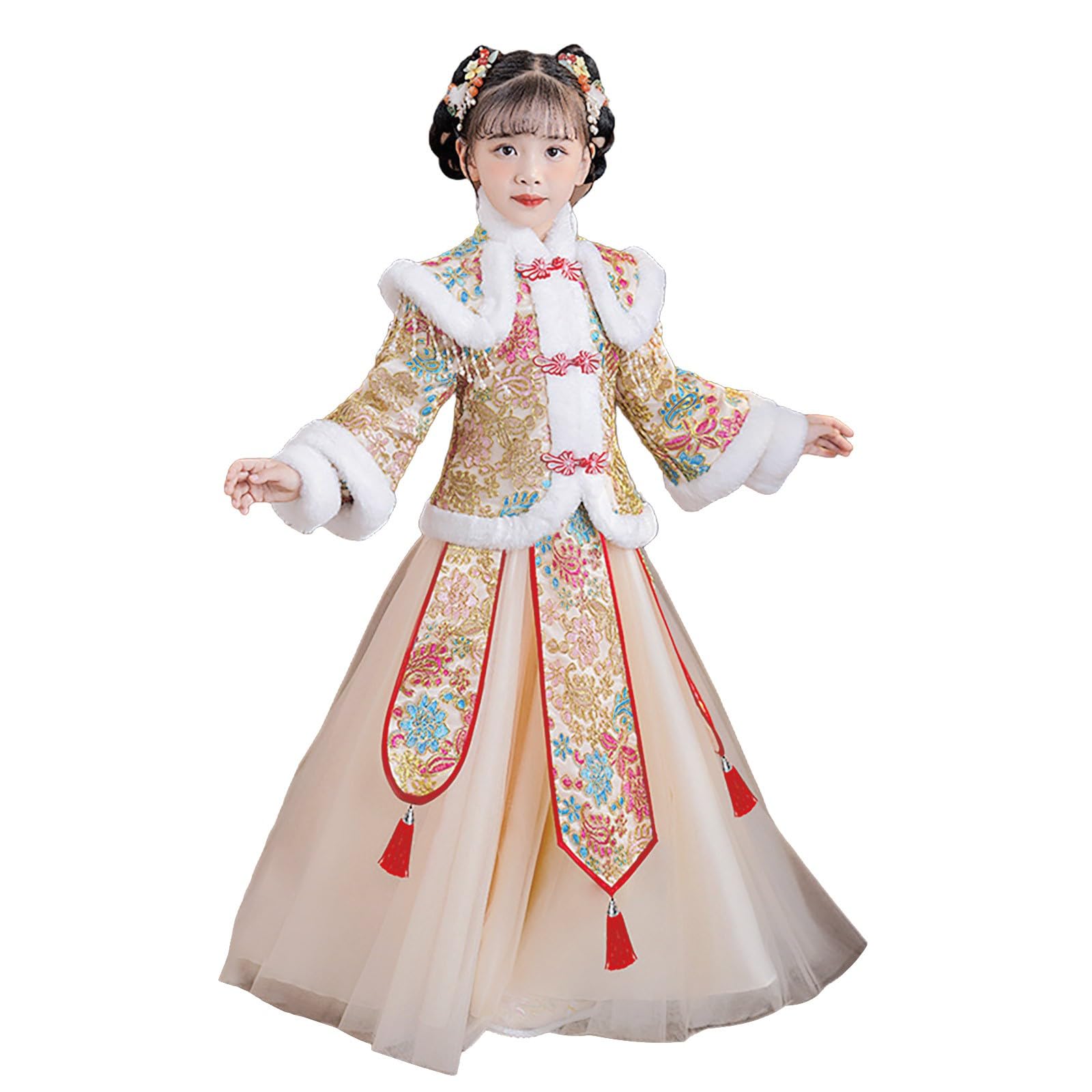 Vestido de Año Nuevo chino para niñas, vestido tradicional bordado, chaqueta de forro polar floral de punto con borlas, bonita falda de tul, elegante y estética, trajes chinos de moda